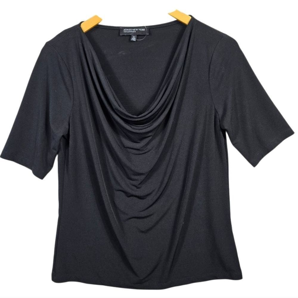 Charter Club Black Draped Neck Blouse Size Medium